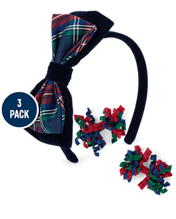 Girls Plaid 3-Piece Hair Set - Royal Christmas