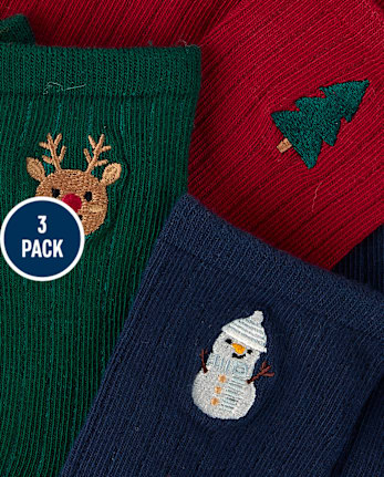 Boys Embroidered Holiday Crew Socks 3-Pack - Royal Christmas