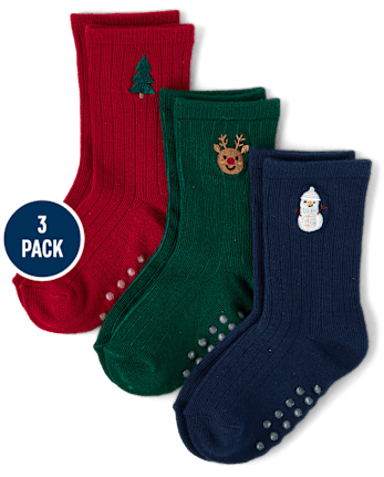 Boys Embroidered Holiday Crew Socks 3-Pack - Royal Christmas