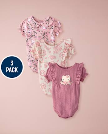 Baby Girls Hello Kitty® Floral Toile Bodysuit 3-Pack