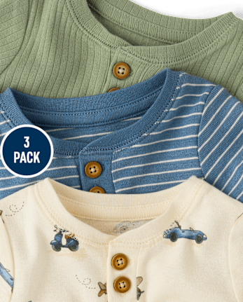 Baby Boys Vehicle Henley Bodysuit 3-Pack