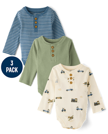 Baby Boys Vehicle Henley Bodysuit 3-Pack