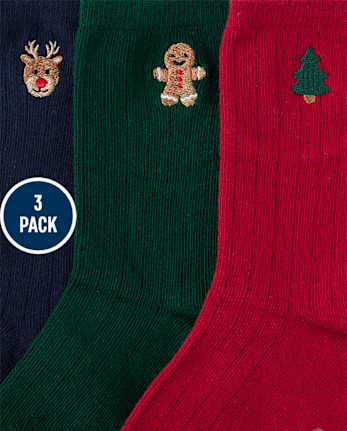 Boys Embroidered Holiday Crew Socks 3-Pack - Tartan Remix - MULTI CLR