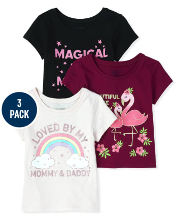 Paquete de 3 camisetas de manga corta con estampado de mamá y papá con purpurina para bebés y niñas | The Children's Place - MULTI CLR