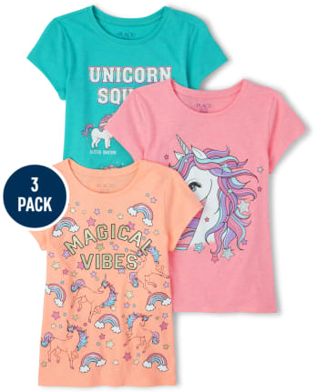 Pack de 3 camisetas con estampado de unicornio y purpurina para niñas
