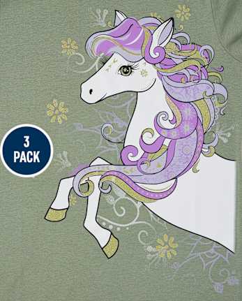Lot de 3 t-shirts à imprimé cheval pour filles