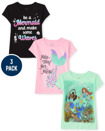 Paquete de 3 camisetas con gráfico de sirena para niñas