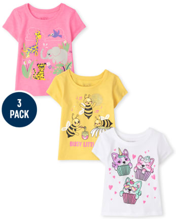 Paquete de 3 camisetas con estampado de animales para niñas pequeñas