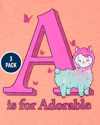 Paquete de 3 camisetas con gráfico ABC para niñas pequeñas