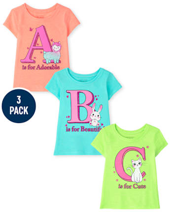 Paquete de 3 camisetas con gráfico ABC para niñas pequeñas