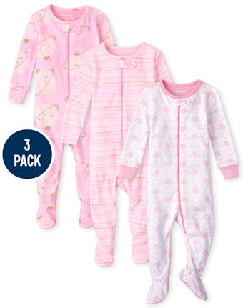 Pijamas de una pieza de algodón con ajuste ceñido Planets para bebés y niñas pequeñas, paquete de 3