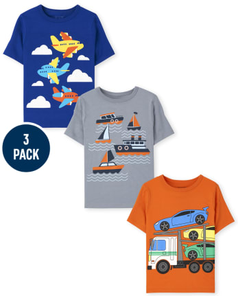 Paquete de 3 camisetas con gráfico de transporte para niños pequeños