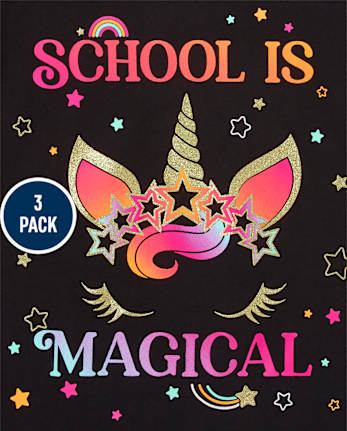 Paquete de 3 camisetas con gráfico Unicorn School para niñas