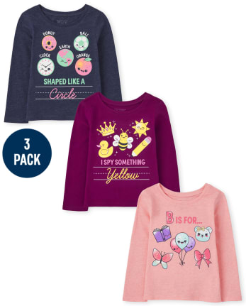 Paquete de 3 camisetas con estampado escolar para niñas pequeñas