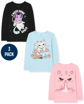 Paquete de 3 camisetas con gráfico de gato para niñas
