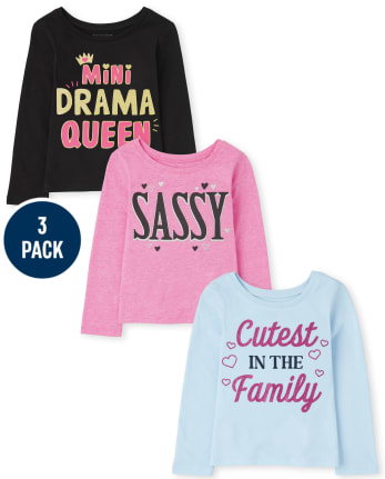 Paquete de 3 camisetas con gráfico Sassy para niñas pequeñas