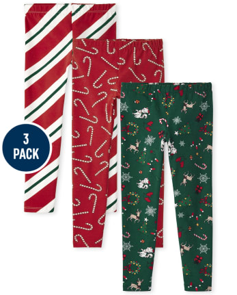 Girls Christmas Print Knit Leggings 3-Pack