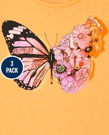 Paquete de 3 camisetas con estampado floral y mariposas para niñas