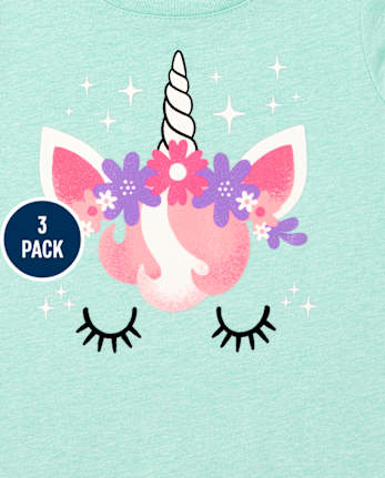 Paquete de 3 camisetas con estampado de unicornio para niñas pequeñas