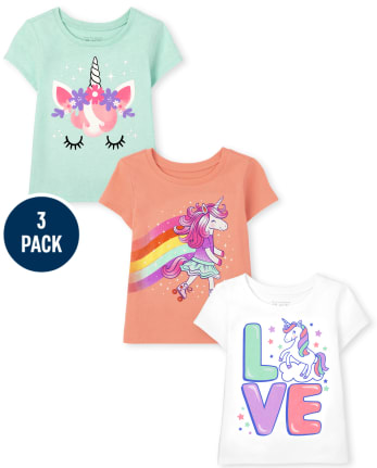 Paquete de 3 camisetas con estampado de unicornio para niñas pequeñas