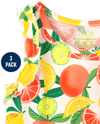 Pack de 3 camisetas sin mangas con volantes y frutas para niñas pequeñas
