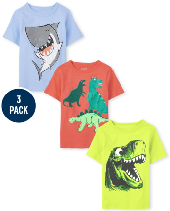 Paquete de 3 camisetas con gráfico de dinosaurio y tiburón para bebés y niños pequeños