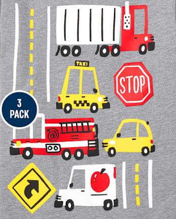Camiseta con gráfico de vehículo para niños pequeños, paquete de 3