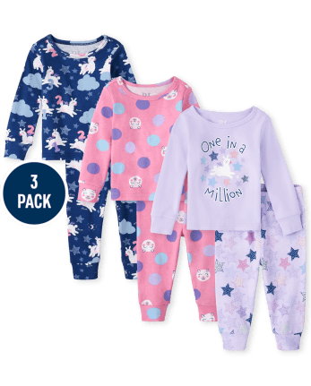 Paquete de 3 pijamas de algodón ajustados con ovejas para bebés y niñas pequeñas