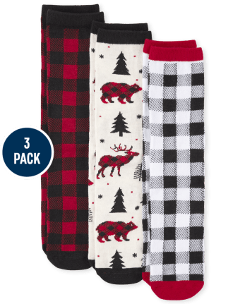 Unisex Adult Matching Family Buffalo Plaid Crew Socks 3-Pack