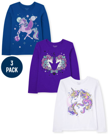 Girls Long Sleeve Unicorn Graphic Tee 3-Pack