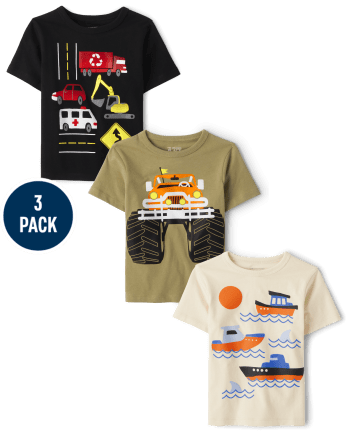 Paquete de 3 camisetas con estampado de vehículos para bebés y niños pequeños