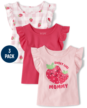 Paquete de 3 tops con aleteo de fresa para niñas pequeñas