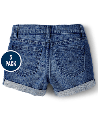 Girls Roll Cuff Denim Shortie Shorts 3-Pack