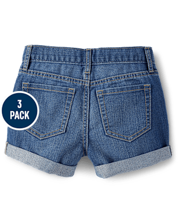Girls Roll Cuff Denim Shortie Shorts 3-Pack