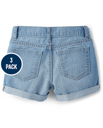 Girls Roll Cuff Denim Shortie Shorts 3-Pack