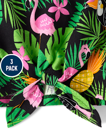 Paquete de 3 camisetas sin mangas con lazo tropical en la parte delantera para niñas pequeñas
