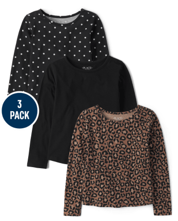 Girls Mix And Match Long Sleeve Leopard Print Top 3-Pack