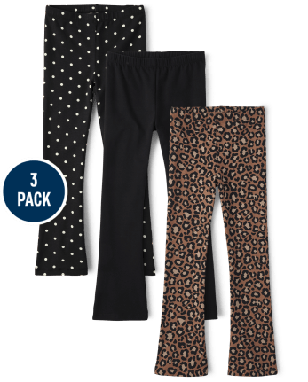 Girls Mix And Match Leopard Print Knit Flare Leggings 3-Pack