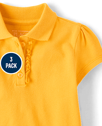 Toddler Girls Uniform Ruffle Soft Stretch Pique Polo 3-Pack - YELLOW PENCIL