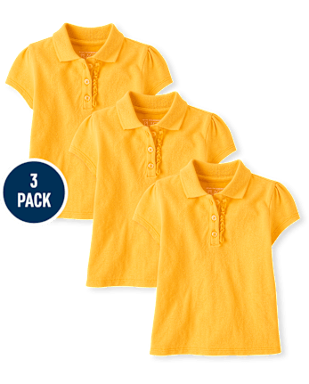 Toddler Girls Uniform Ruffle Soft Stretch Pique Polo 3-Pack - YELLOW PENCIL