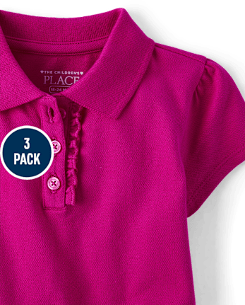Toddler Girls Uniform Ruffle Soft Stretch Pique Polo 3-Pack - MULTI CLR