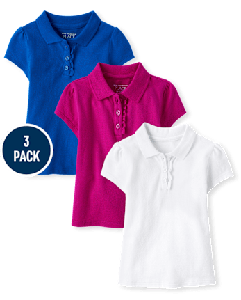 Toddler Girls Uniform Ruffle Soft Stretch Pique Polo 3-Pack - MULTI CLR