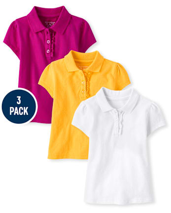 Toddler Girls Uniform Ruffle Soft Stretch Pique Polo 3-Pack - MULTI CLR