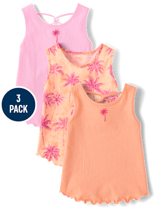 Toddler Girls Embroidered Palm Tree Lettuce Tank Top 3-Pack