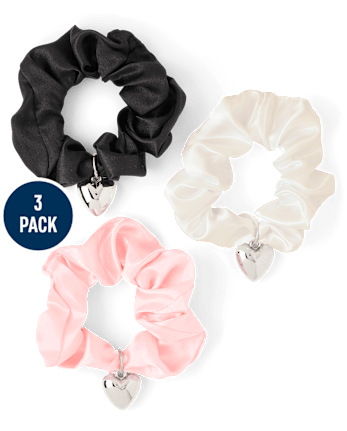Girls Satin Heart Charm Scrunchie 3-Pack