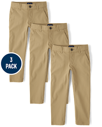 Pantalones chinos ajustados de secado rápido para uniforme para niños, paquete de 3