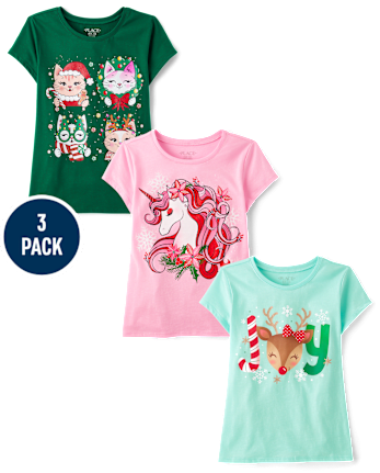 Girls Christmas Animal Graphic Tee 3-Pack