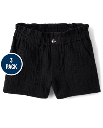Girls Gauze Paperbag Waist Shortie Shorts 3-Pack