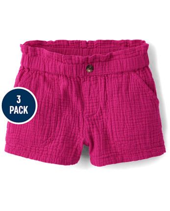 Girls Gauze Paperbag Waist Shortie Shorts 3-Pack