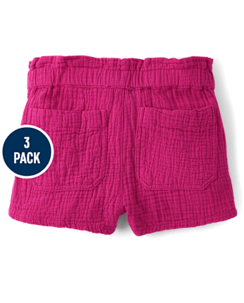 Girls Gauze Paperbag Waist Shortie Shorts 3-Pack
